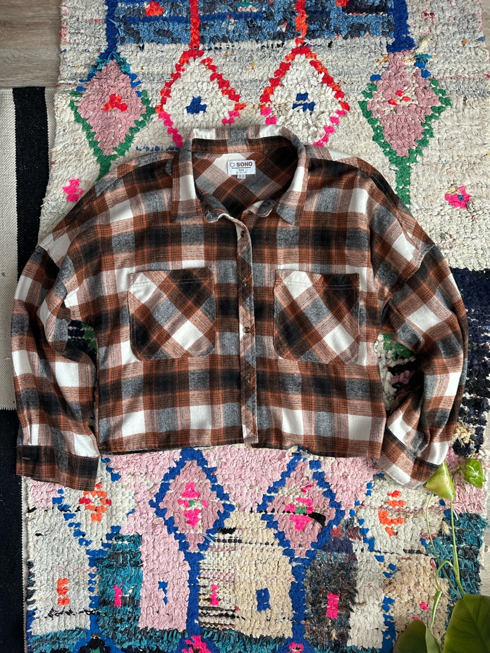 Ci Sono Brown, Orange, and White Plaid Cropped Button-Down Shirt